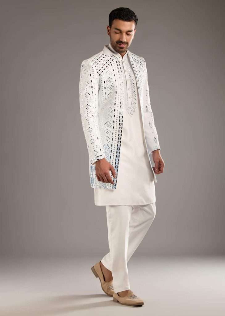 White And Blue Silk Groomsman Sherwani With Mirror Work