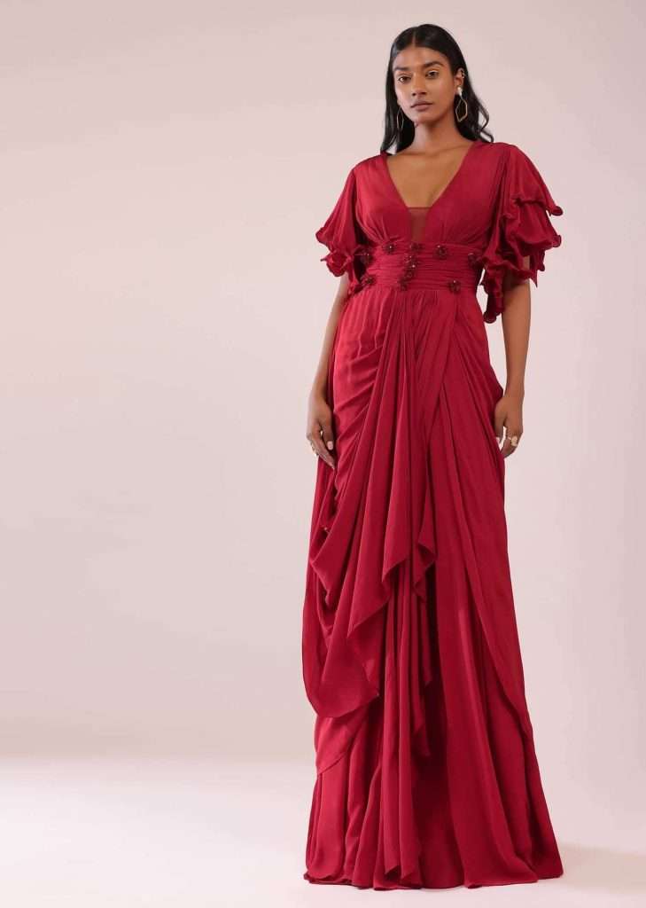 Red Saree Gown In Crepe With Frill Sleeves And Delicate Hand Embroidery  