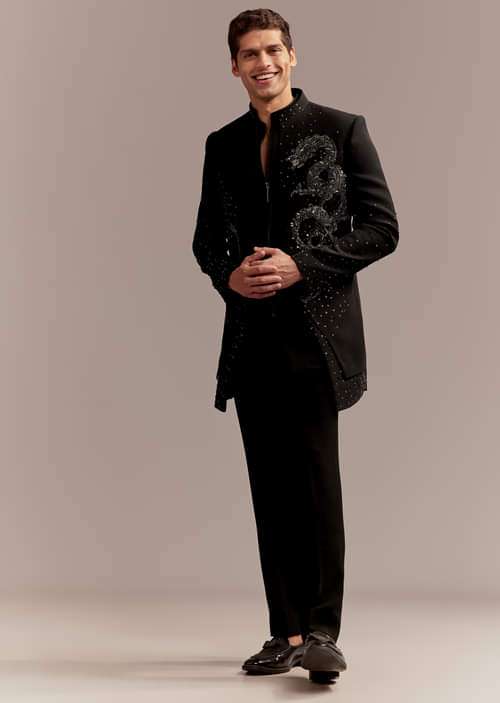 Black Indo Western Set For Men With Zardosi Dragon Motif
