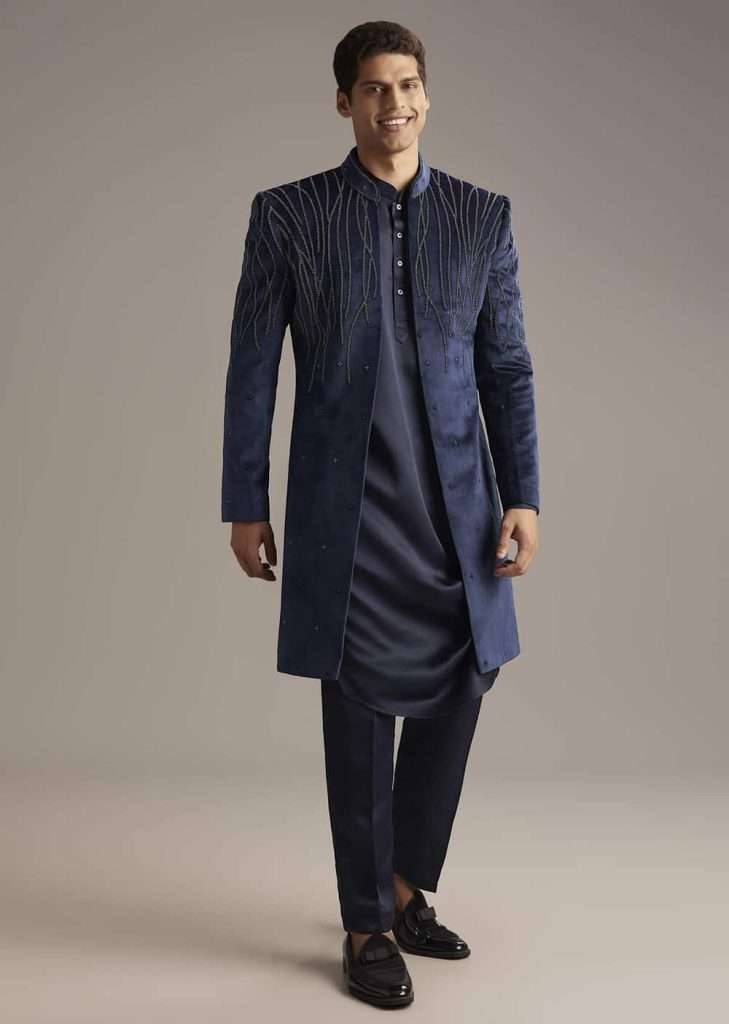 Navy Blue Velvet Indo Western Set For Men With Beads Work