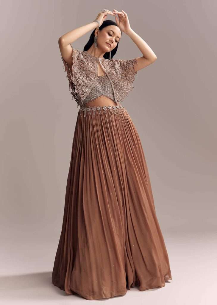 Brown Chinon Contemporary Gown With Embroidered Cape