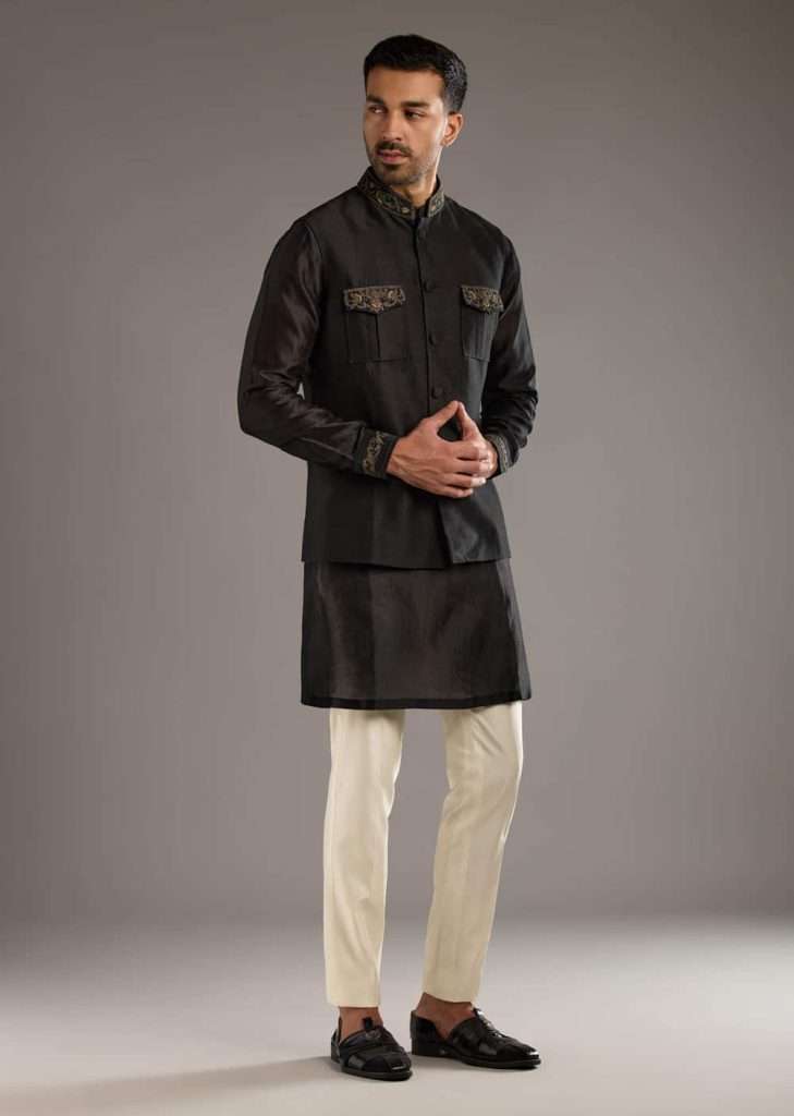 Black Chanderi Linen Kurta Jacket Set For Men With Dori Work
