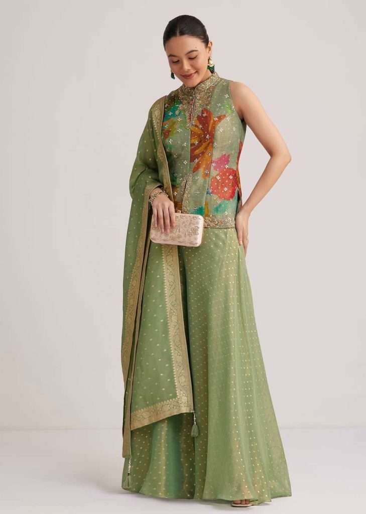 Pista Green Floral Embroidered Palazzo Set
