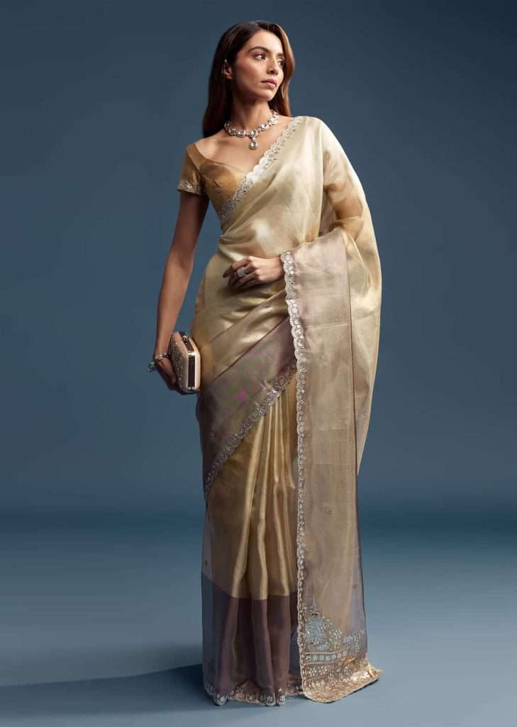 Gold Tissue Saree With Mirror Embroidery
