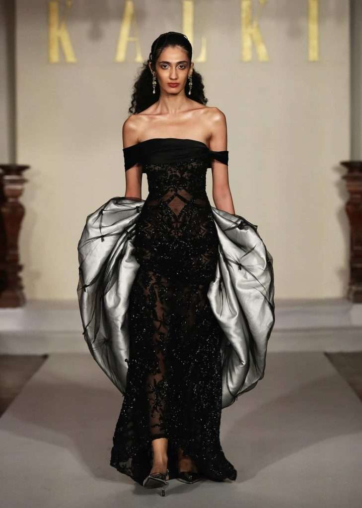 Black Net Embroidered Fishcut Gown With White Cape
