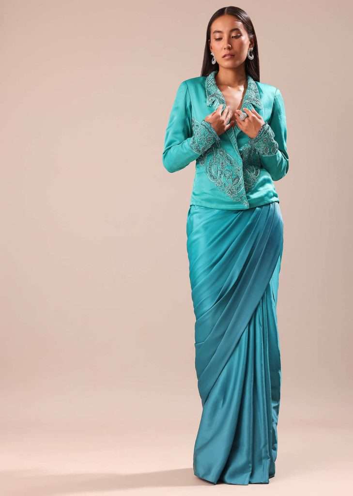 Blue Ombre Draped Skirt WIth Embroidered Jacket