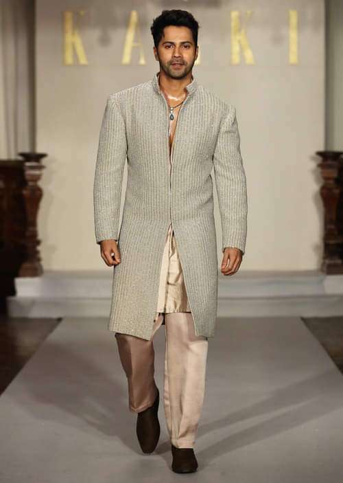 Gold Raw Silk Sherwani For Groom With Hand Embroidery
