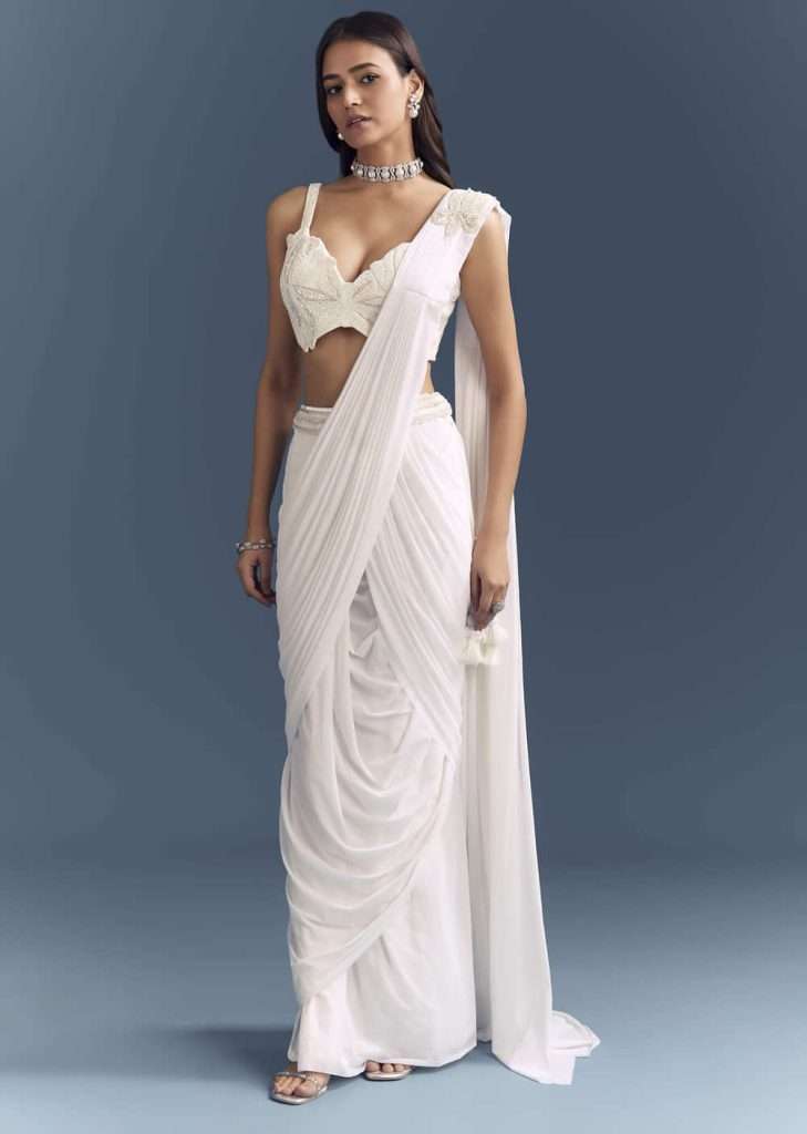 White Lycra Ready Pleated Saree With Intricate Hand Embroidery