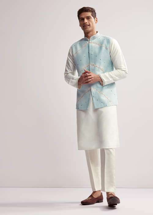 Sky Blue Silk Kurta Jacket Set For Men With Hand Embroidery
