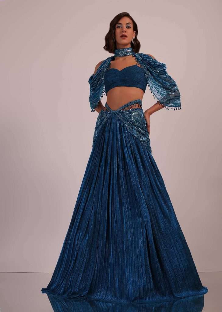 Blue Embroidered Bridal Lehenga And Blouse Set In Crushed Shimmer

