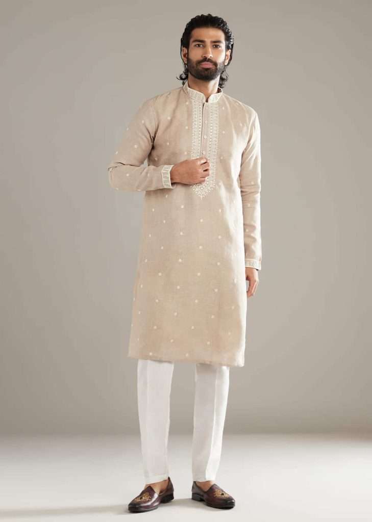 Festive Kurta Set Trends 2026: From Minimal Embroidery to Bold Prints Men 1 Beige Linen Kurta Set For Men With Resham Hand Work