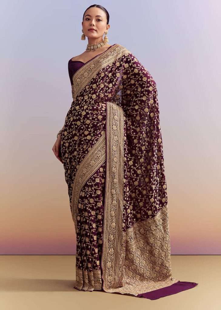 Wine Banarasi Silk Saree With Heavy Zari And Jaal Work

