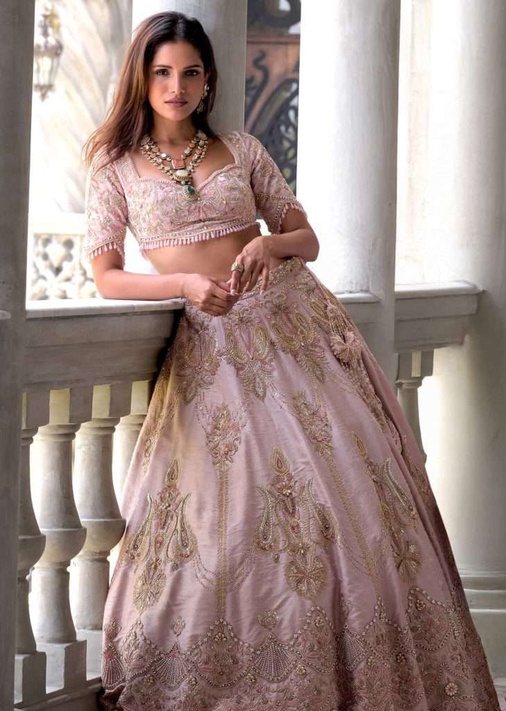 Pink Silk Bridal Lehenga With Embroidery And Embellished Detail

