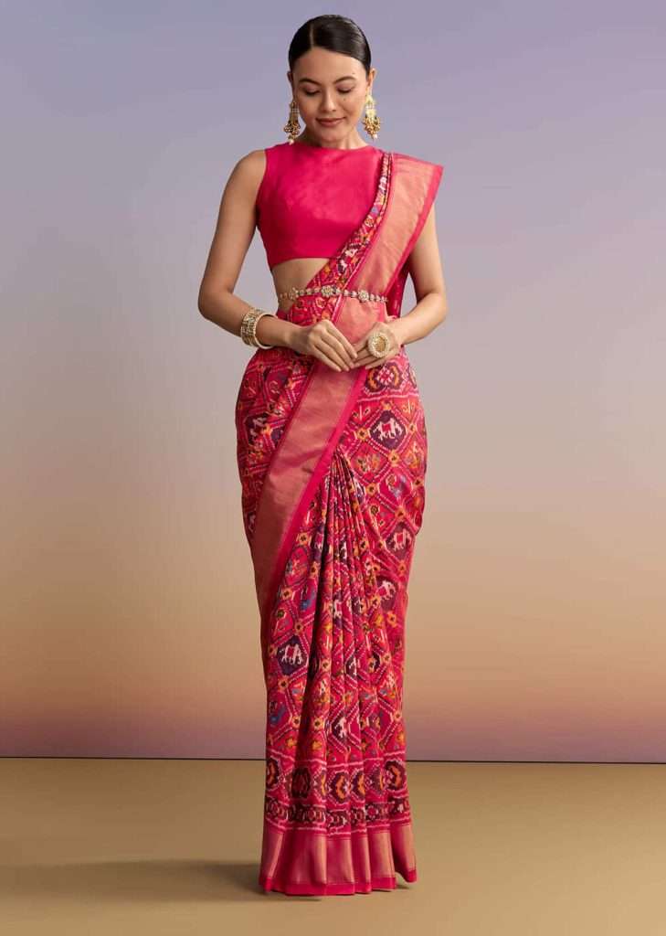 Rani Pink Silk Single Ikkat Handwoven Patola Saree With Geometric Motifs

