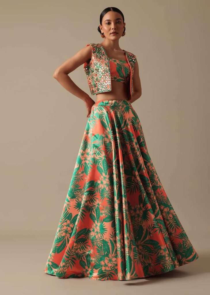 Green Printed Lehenga Set With Mirror Embellished Jacket

