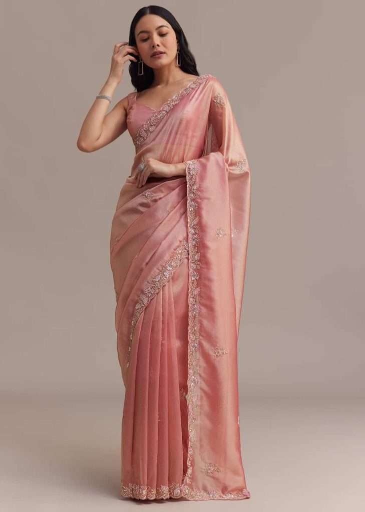 Metallic Pink Organza Tissue Saree With Cutdana And Bead Embroidery


