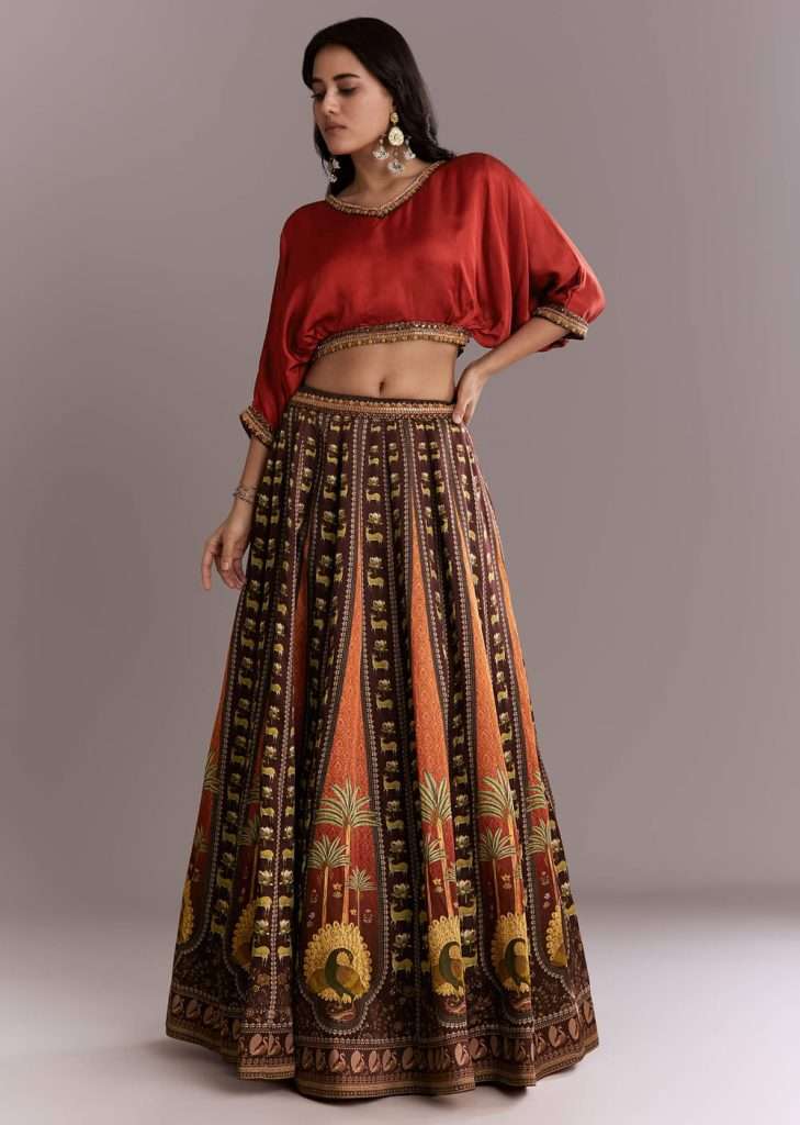 Bridesmaid Lehengas: What Works Best for Indian Weddings? 2 Brown Crepe Crop Top And Printed Skirt Set