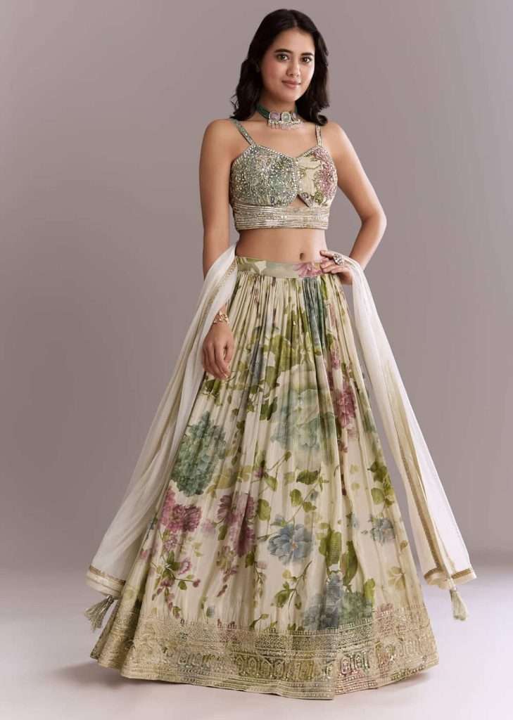 Ivory Tissue Bridesmaid Lehenga With Floral Print And Embroidery

