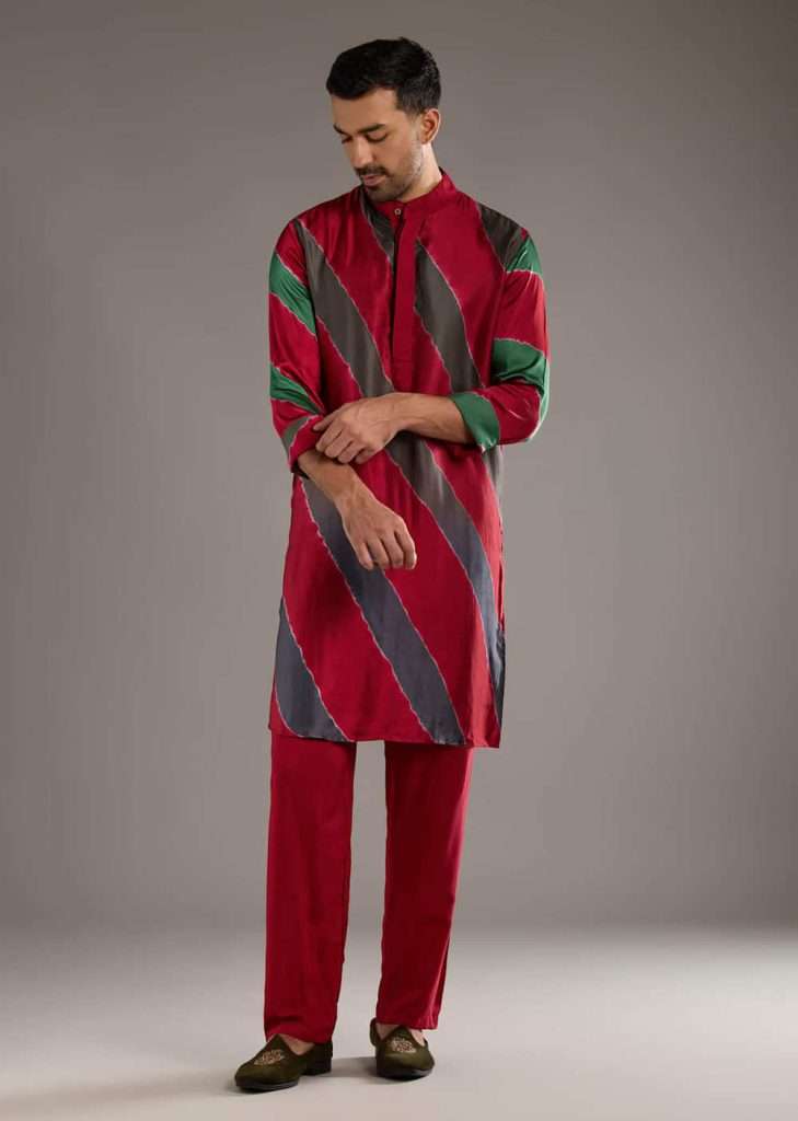 Festive Kurta Set Trends 2026: From Minimal Embroidery to Bold Prints Men 2 Red Modal Kurta Set For Men With Hand Dyed Leheriya Print