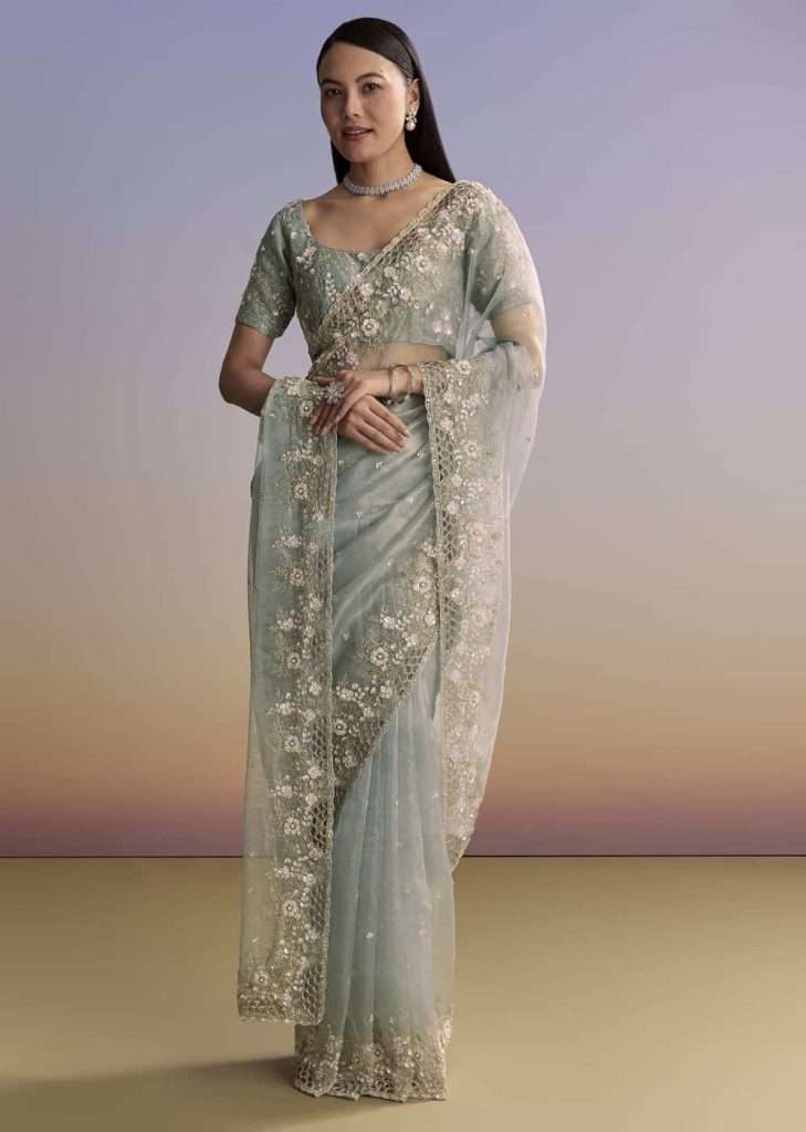 Grey Tissue Saree With Floral Embroidery And Cutwork Border

