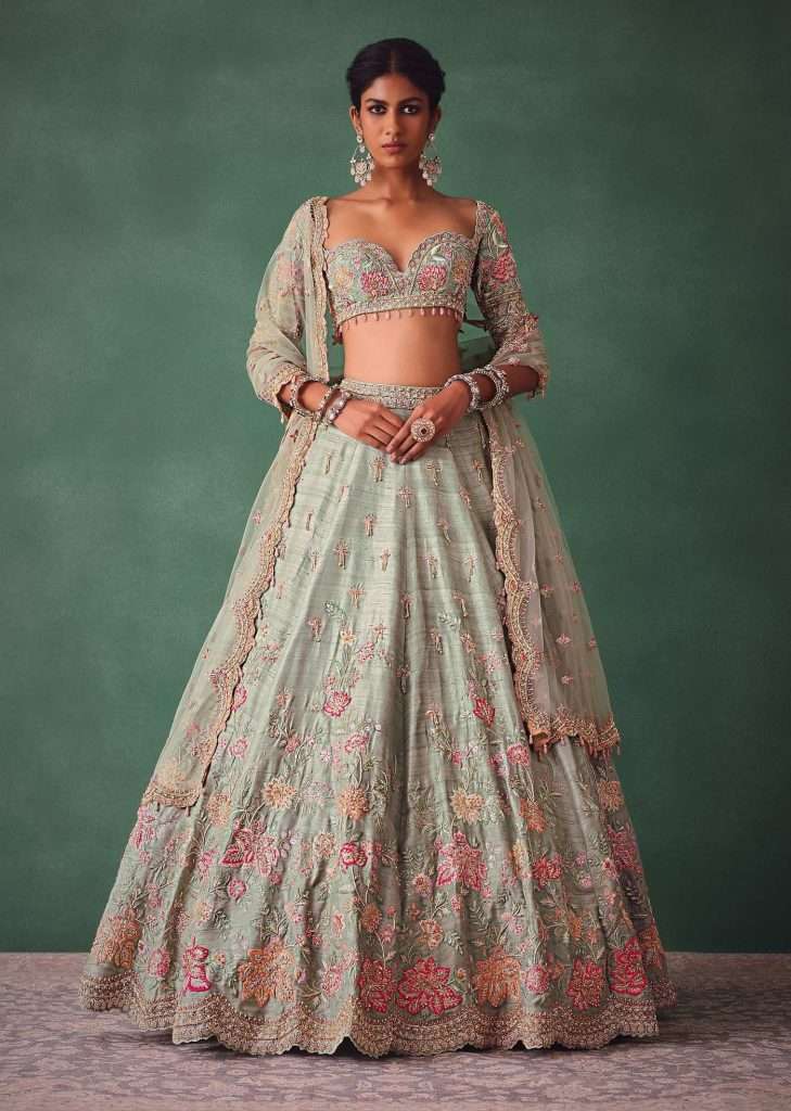 Sage Green Kali Lehenga With Embroidered Blouse And Dupatta

