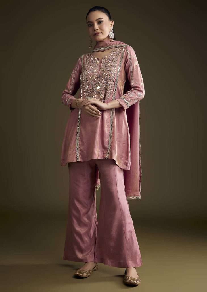 Pink Tissue Palazzo Suit With Mirror And Zari Embroidery

