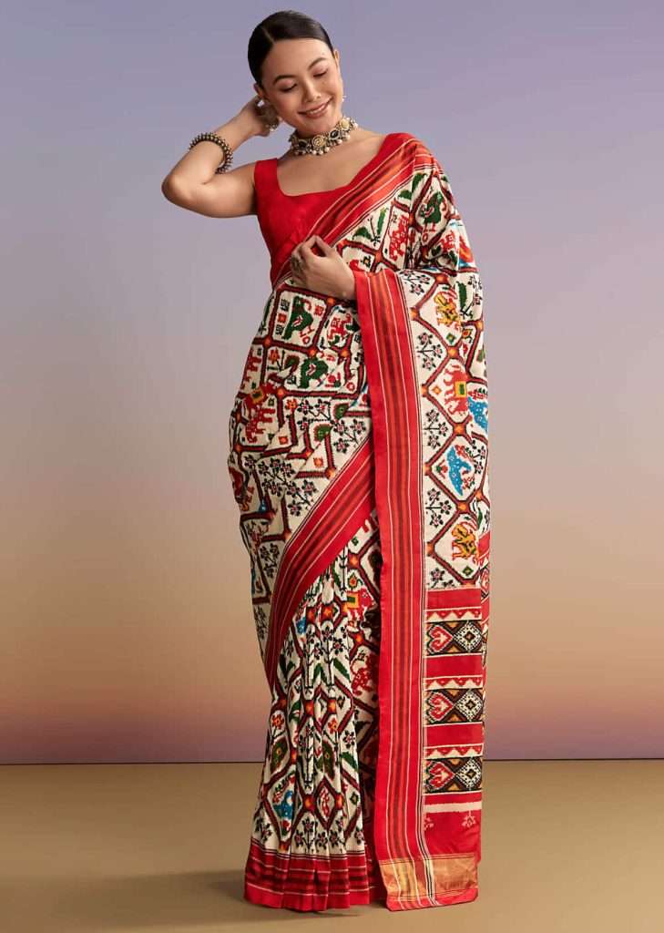Off White And Ruby Red Double Ikkat Handwoven Patola Saree

