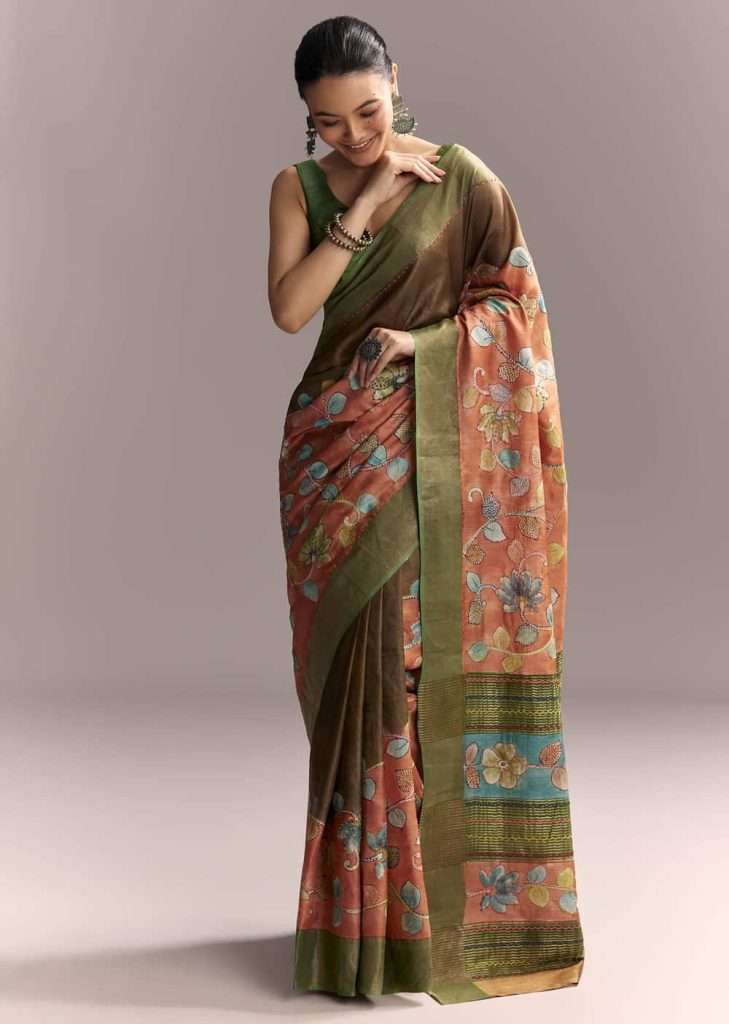 Orange Cotton Saree With Hand Painted Motifs And Green Border

