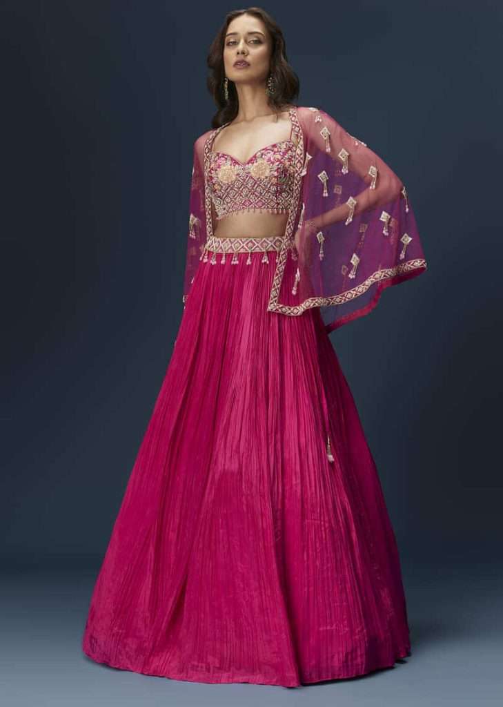 Pink Embroidered Bridesmaid Lehenga With Coordinated Cape And Blouse

