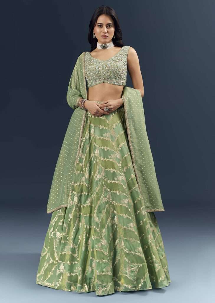 Bridesmaid Lehengas: What Works Best for Indian Weddings? 3 Spa Green Banarasi Silk Bridesmaid Lehenga With Heavy Hand Embroidery
