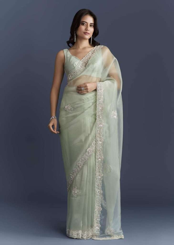 Mint Green Tissue Saree With Heavy Hand Embroidery  