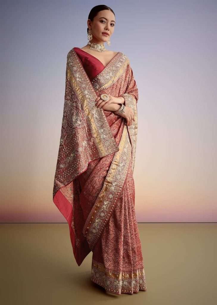 Maroon Jacquard Silk Saree With Heavy Embroidered Border And Pallu

