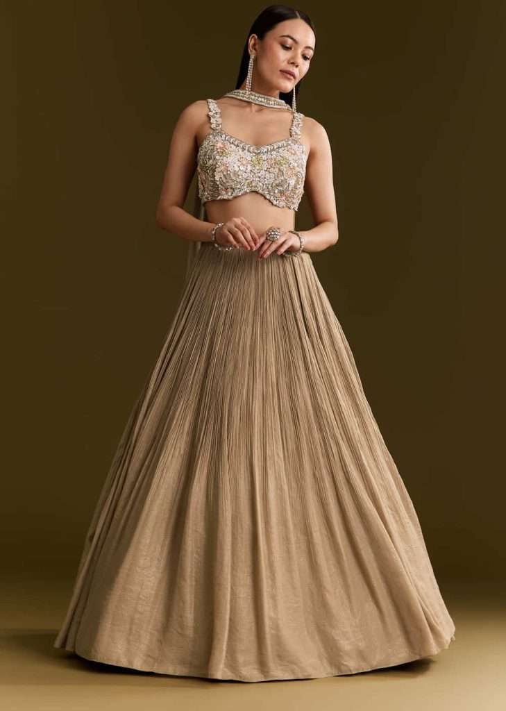 Gold French Tissue Lehenga With Sequins And Choker Dupatta

