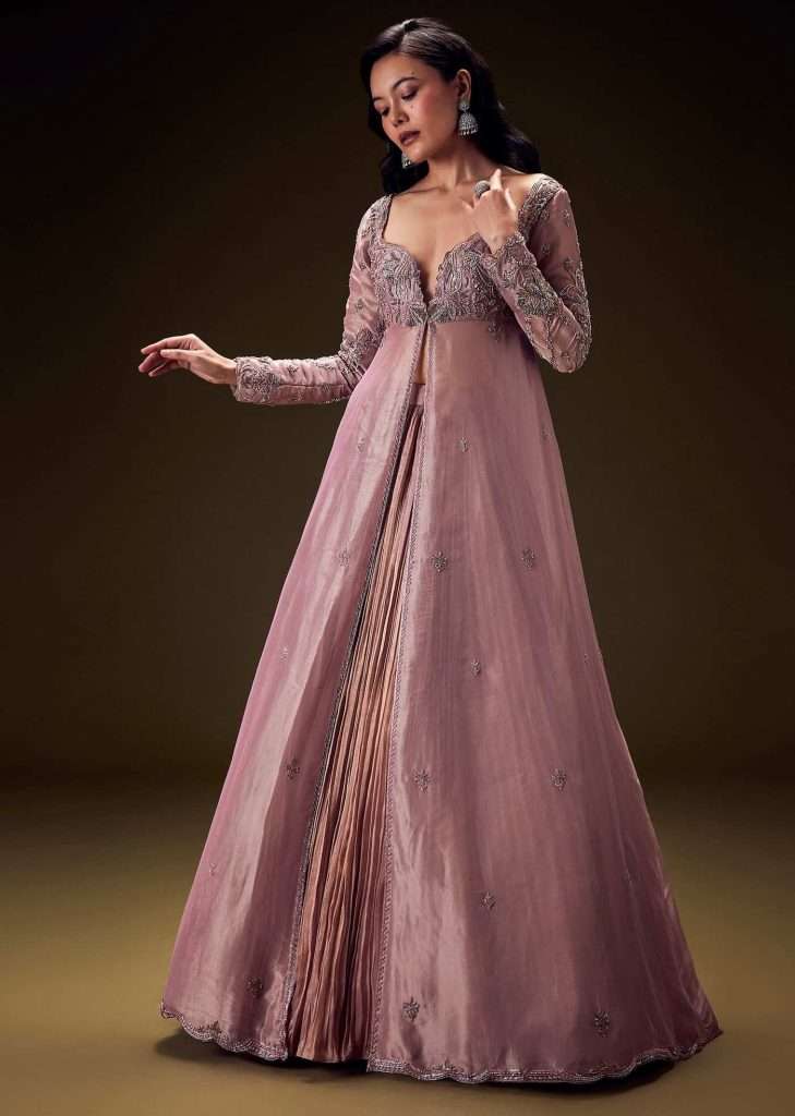 Dusty Lilac Embroidered Long Jacket With Ruched Lehenga

