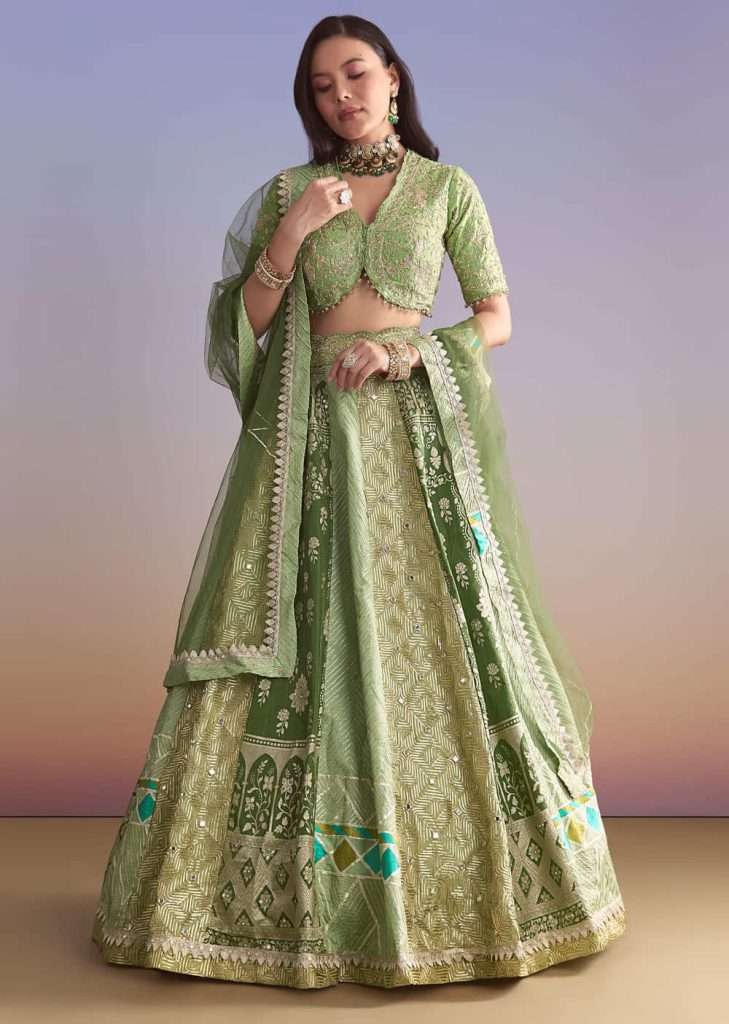 Green Brocade Silk Bridesmaid Lehenga With Zardosi Embroidery

