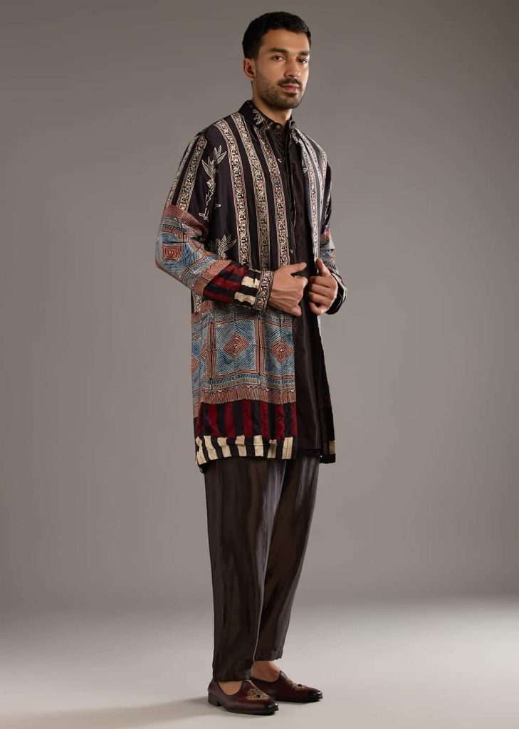 Festive Kurta Set Trends 2026: From Minimal Embroidery to Bold Prints Men 4 Black Modal Linen Kurta Jacket Set For Men With Hand Block Ajrakh Print