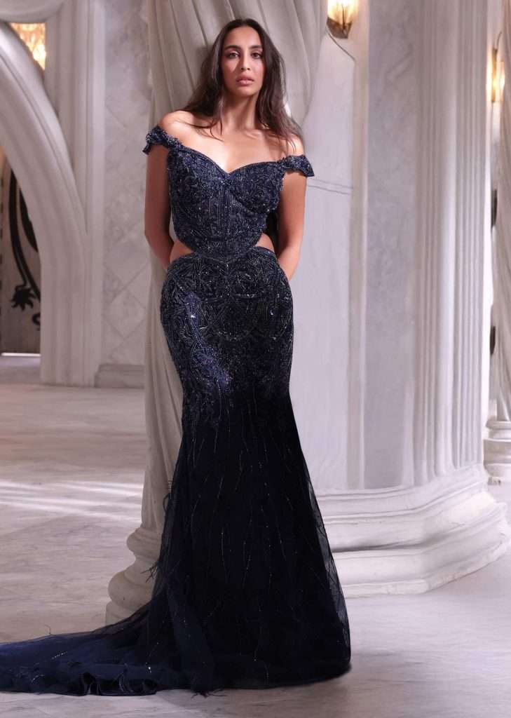 Blue Net Bridal Gown With Cut Dana And Beads Embroidery  