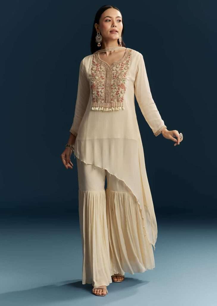 Ivory Chinon Sharara Suit With Zardosi Work

