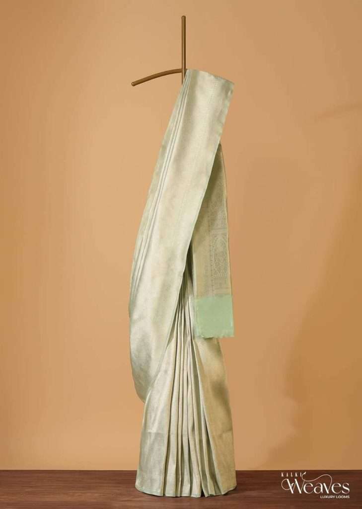 Pista Green Handloom Banarasi Saree In Uppada Silk With Brocade Weave And Unstitched Blouse

