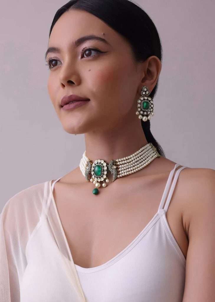 White Gold-Finish Kundan Choker Set With Pearls And Faux Diamonds In Mix Metal

