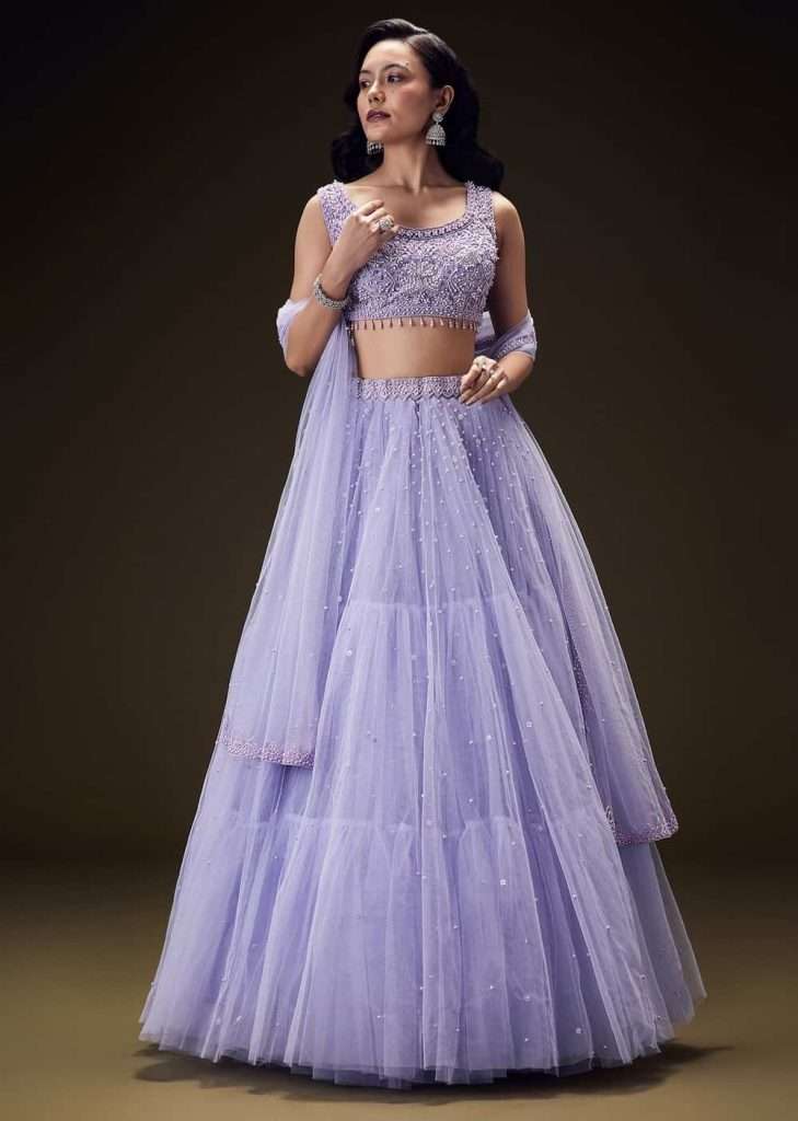 Lavender Net Hand Embroidered Pearl Work Lehenga Set

