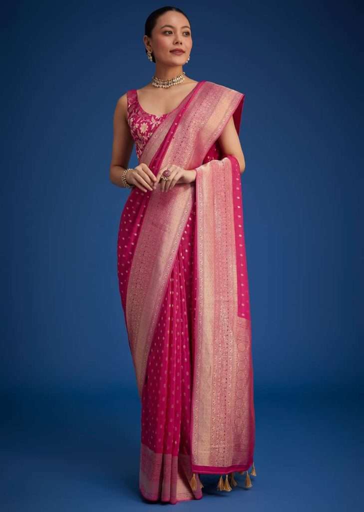 Regional Wedding Styles in India: A Fashion Guide for Every State 5 Rani Pink Tissue Silk Saree With Zari Border And Butti Work