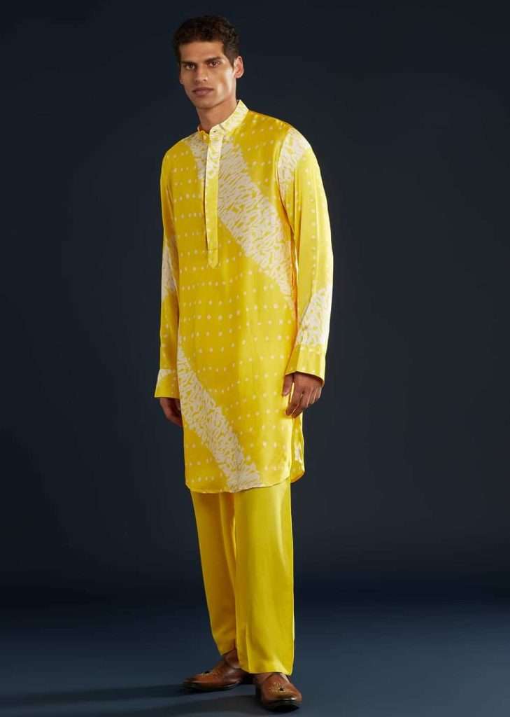 Festive Kurta Set Trends 2026: From Minimal Embroidery to Bold Prints Men 5 Yellow Bandhani and Shibori Print Kurta Set