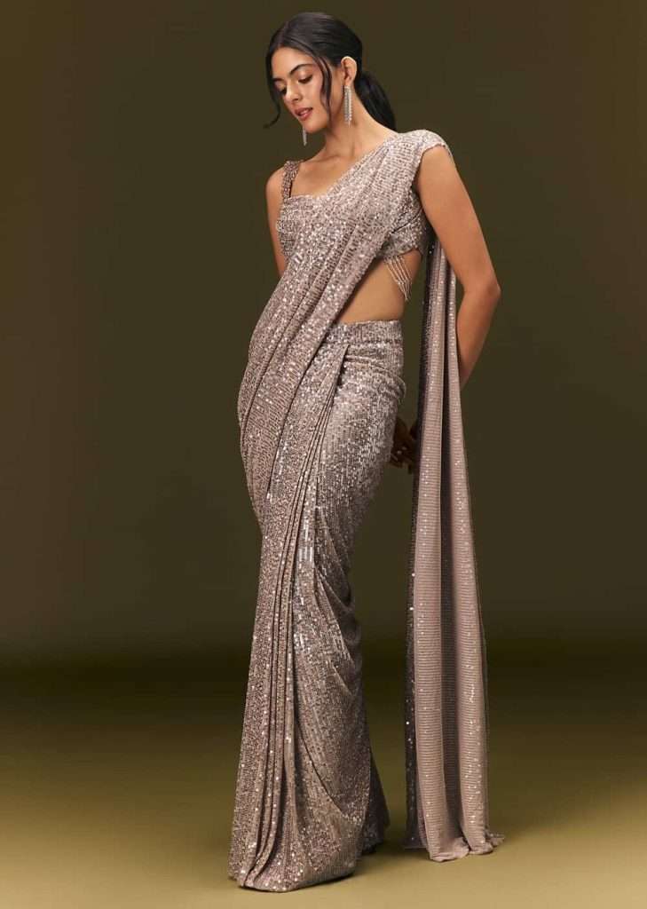 Champagne Gold Sequin Embroidered Readymade Saree With Cowl Neck Blouse

