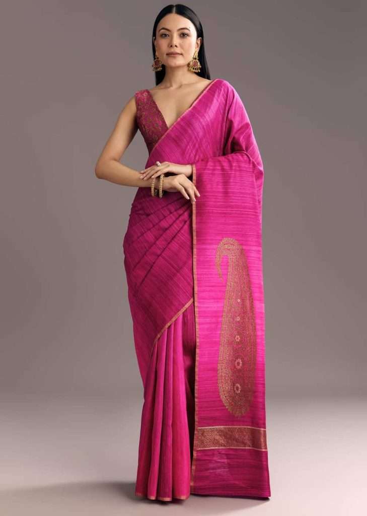 Purple Shaded Kora Silk Handloom Saree With Woven Traditional Motif

