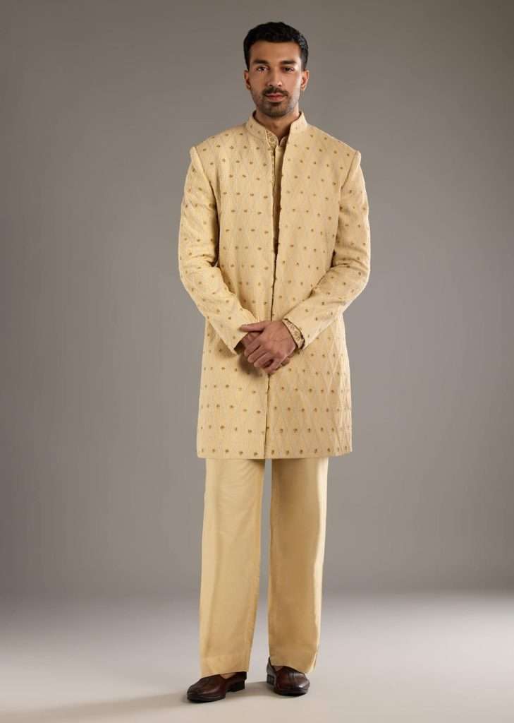 Beach Wedding Outfit Ideas: Breezy & Stylish Looks for Indian Brides & Guests 5 Gold Cotton Silk Indo Western Set For Men With Zari Embroidery