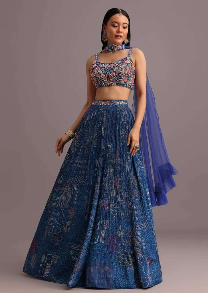 Blue Hand Embroidered Choli With Bandhani Print Lehenga And Choker Net Dupatta

