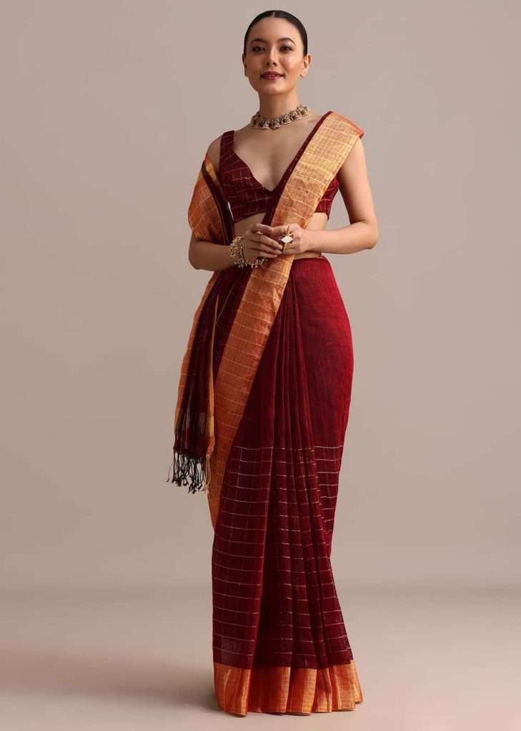 Maroon Linen Woven Saree With Zari Border And Unstitched Blouse

