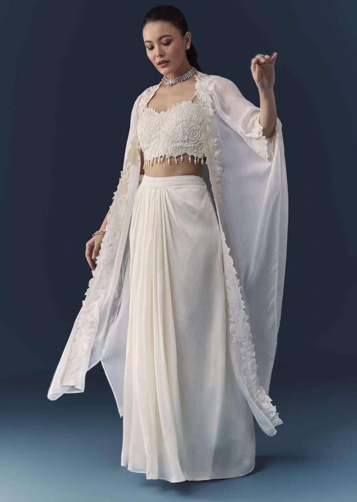 Beach Wedding Outfit Ideas: Breezy & Stylish Looks for Indian Brides & Guests 6 White Crop Top Draed Skirt Set with Cape
