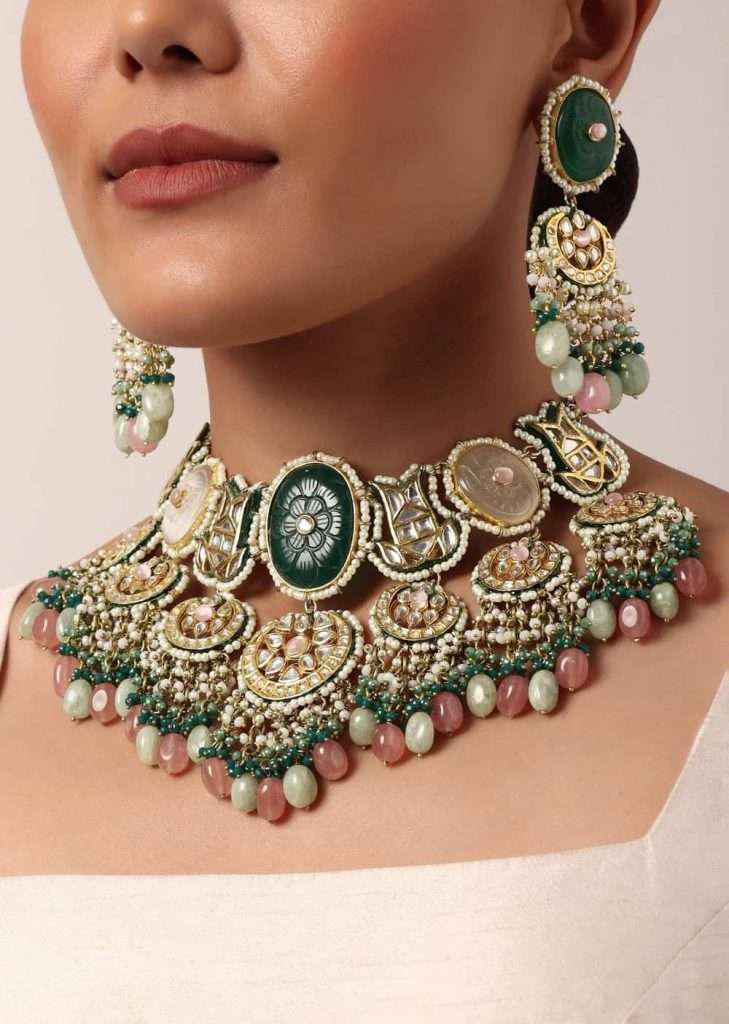 Green Kundan Choker Set With Carved Stones And Pink Beads  